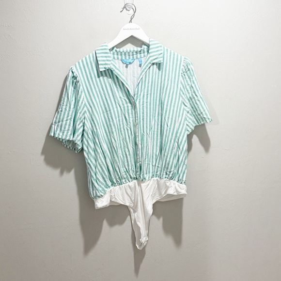 DRAPER JAMES RSVP Women’s Blue White Stripe Button Up Linen Blend Bodysuit XL - Picture 5 of 8